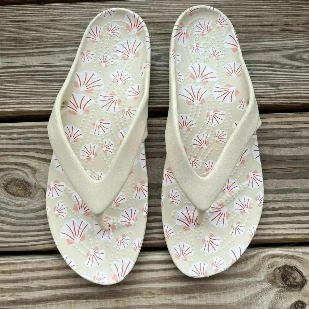 Crocs Kadee Il Graphic Women's Flip Flop Sandal Sea Shell Print Sz 11 Beige